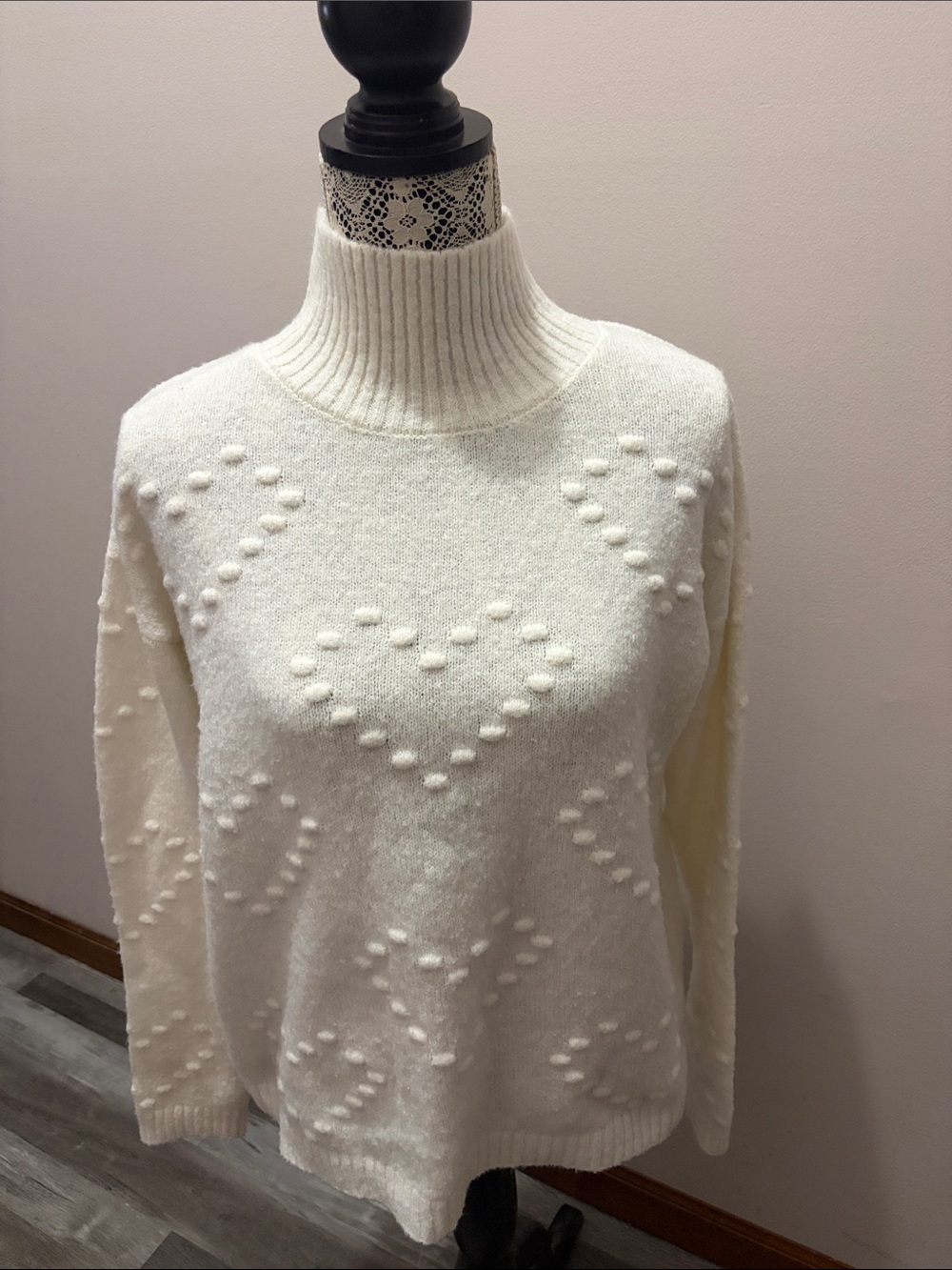 LOFT Cream Turtleneck Sweater with Heart Texture
